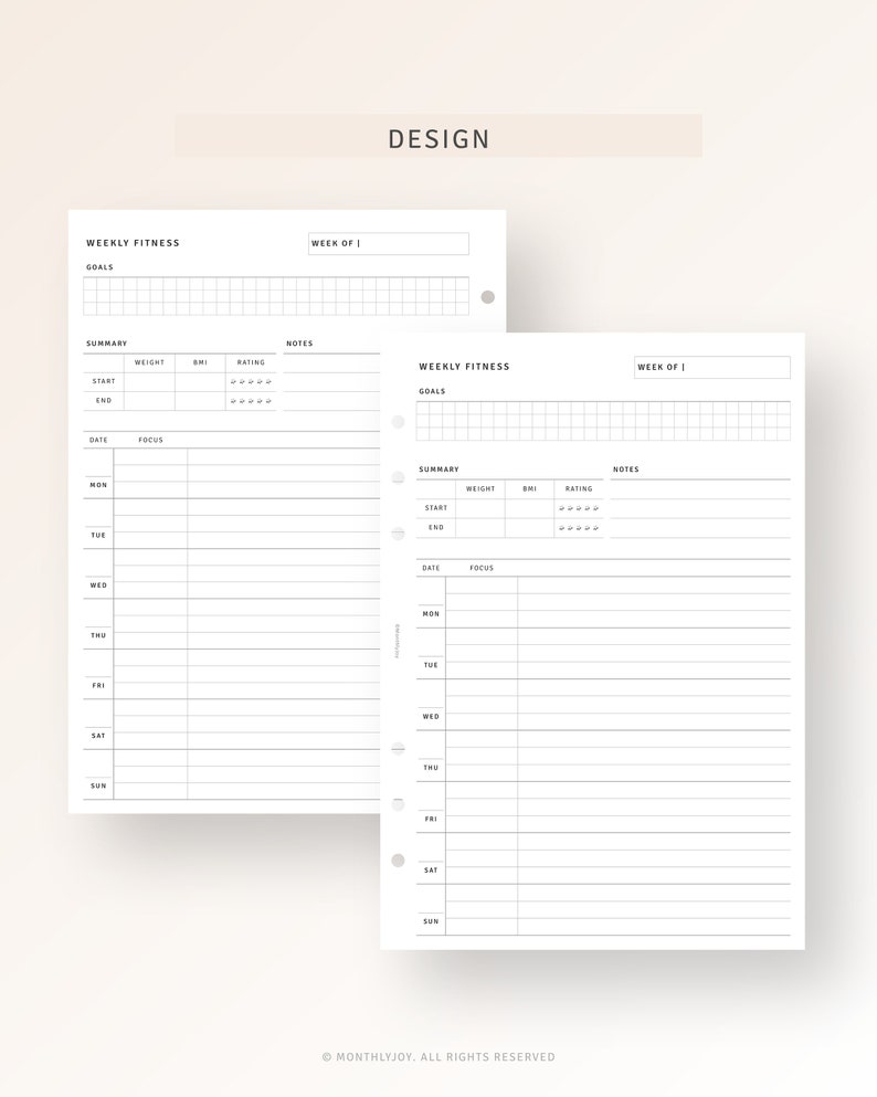 May include: Two black and white printable weekly fitness planner pages with sections for goals, summary, notes, date, and focus. The pages are designed for a disc bound planner.