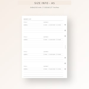 Puede incluir: Un rastreador de libros imprimible en blanco y negro con una lista de cuatro t&iacute;tulos de libros, autores, g&eacute;neros y casillas de verificaci&oacute;n para libro, audiolibro y libro electr&oacute;nico. El imprimible est&aacute; dimensionado para papel A5, que es de 14,8 por 21 cent&iacute;metros.