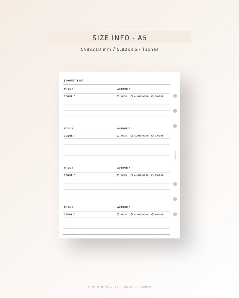 Puede incluir: Un rastreador de libros imprimible en blanco y negro con una lista de cuatro t&iacute;tulos de libros, autores, g&eacute;neros y casillas de verificaci&oacute;n para libro, audiolibro y libro electr&oacute;nico. El imprimible est&aacute; dimensionado para papel A5, que es de 14,8 por 21 cent&iacute;metros.