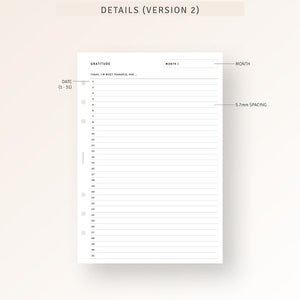 Pu&ograve; includere: Una pagina di diario di gratitudine stampabile bianca con una sezione data, una sezione di gratitudine e due sezioni di mese. La pagina &egrave; progettata per un planner con rilegatura a disco.