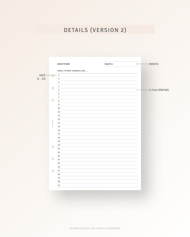 Pu&ograve; includere: Una pagina di diario di gratitudine stampabile bianca con una sezione data, una sezione di gratitudine e due sezioni di mese. La pagina &egrave; progettata per un planner con rilegatura a disco.