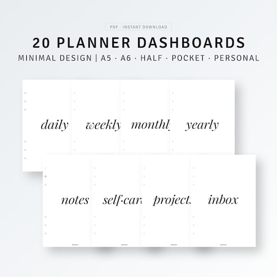 Planner Dashboards Printable Inserts |  A5, Half Letter, Pocket, Personal, A6 | Digital Download | Pdf | Minimalist Planner Sectioning