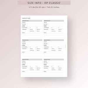 Subscription Tracker HP Classic Printable Inserts, Monthly Membership ...