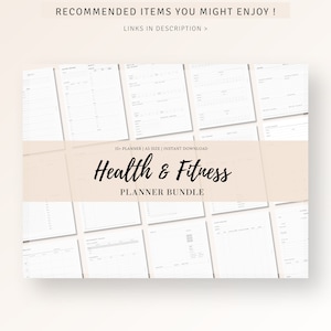 May include: A digital planner bundle for health and fitness. The bundle includes 15+ printable planners in A4 size. The text "Health & Fitness Planner Bundle" is displayed on a white background.