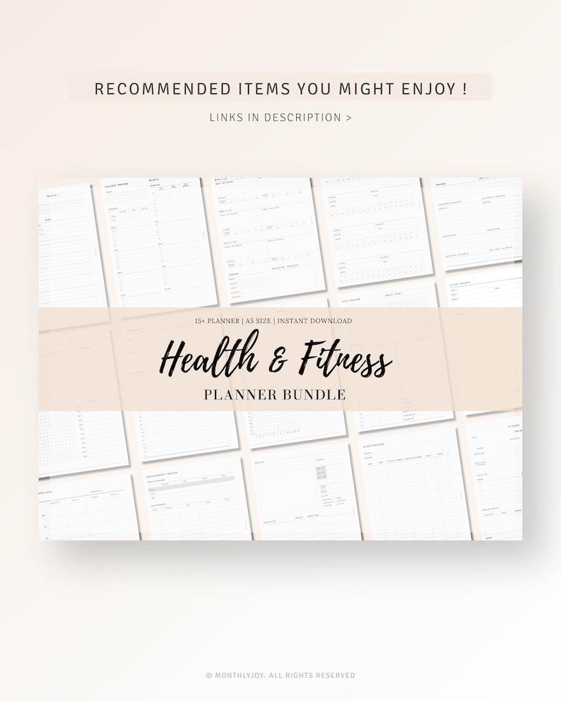May include: A digital planner bundle for health and fitness. The bundle includes 15+ printable planners in A4 size. The text "Health & Fitness Planner Bundle" is displayed on a white background.