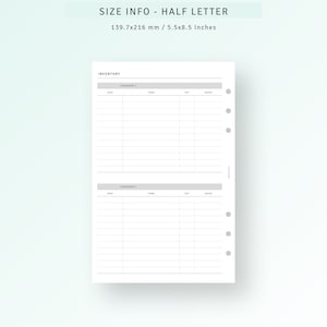 K&ouml;nnte beinhalten: Ein druckbares Inventar-Tracker-Blatt mit zwei Abschnitten f&uuml;r verschiedene Kategorien. Das Blatt ist f&uuml;r Papier im Format Halb-Brief, mit den Ma&szlig;en 13,97 cm x 21,6 cm, konzipiert.