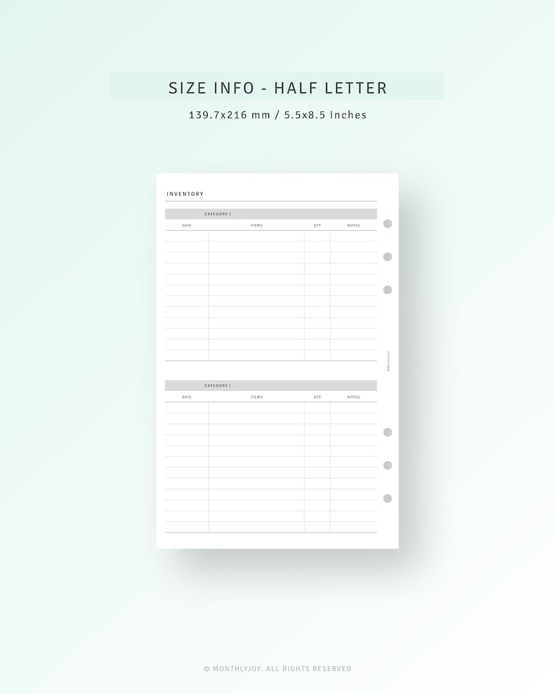 K&ouml;nnte beinhalten: Ein druckbares Inventar-Tracker-Blatt mit zwei Abschnitten f&uuml;r verschiedene Kategorien. Das Blatt ist f&uuml;r Papier im Format Halb-Brief, mit den Ma&szlig;en 13,97 cm x 21,6 cm, konzipiert.