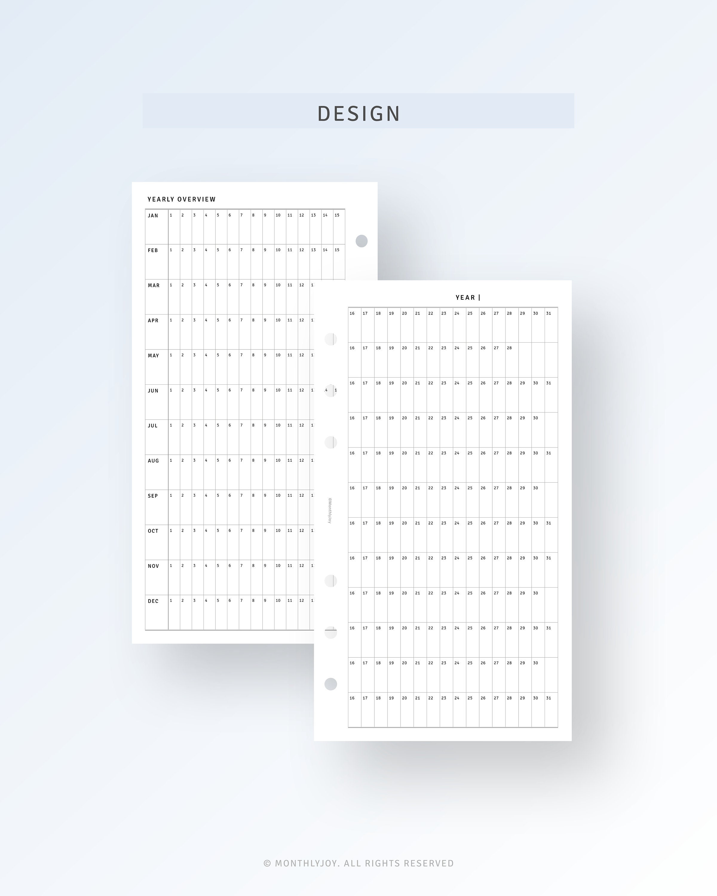 Personal Size, Year at A Glance Printable Yearly Planner Inserts Annual ...