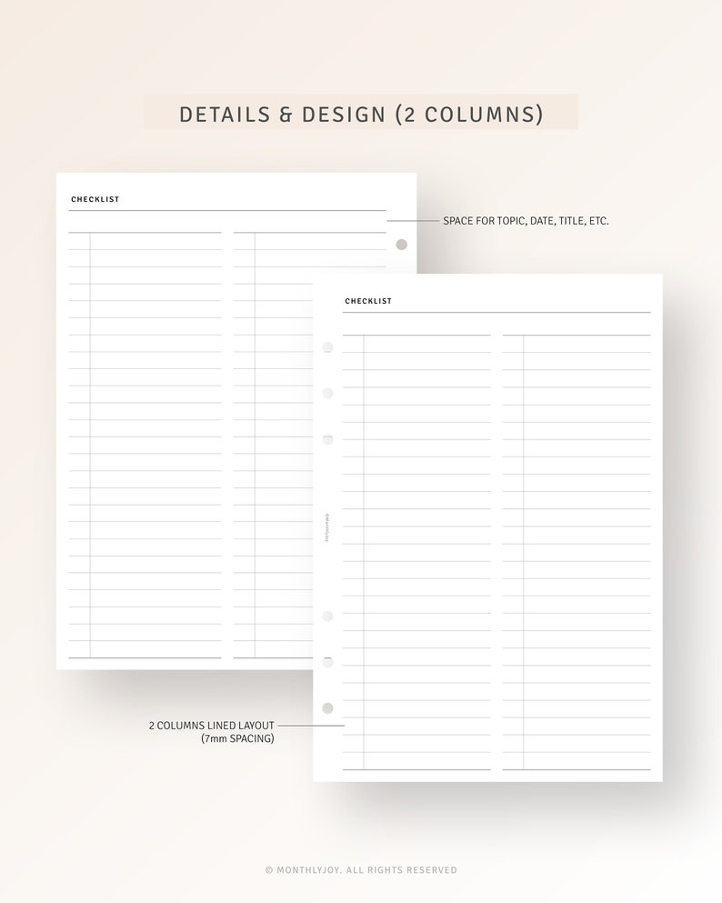 K&ouml;nnte beinhalten: Zwei wei&szlig;e Checklisten-Seiten mit einem zweispaltigen, linierten Layout und einem Abstand von 7 mm. Der Text "CHECKLIST" steht oben auf jeder Seite. Der Text "DETAILS & DESIGN (2 COLUMNS)" steht oben im Bild. Der Text "SPACE FOR TOPIC, DATE, TITLE, ETC." befindet sich auf der rechten Seite des Bildes.