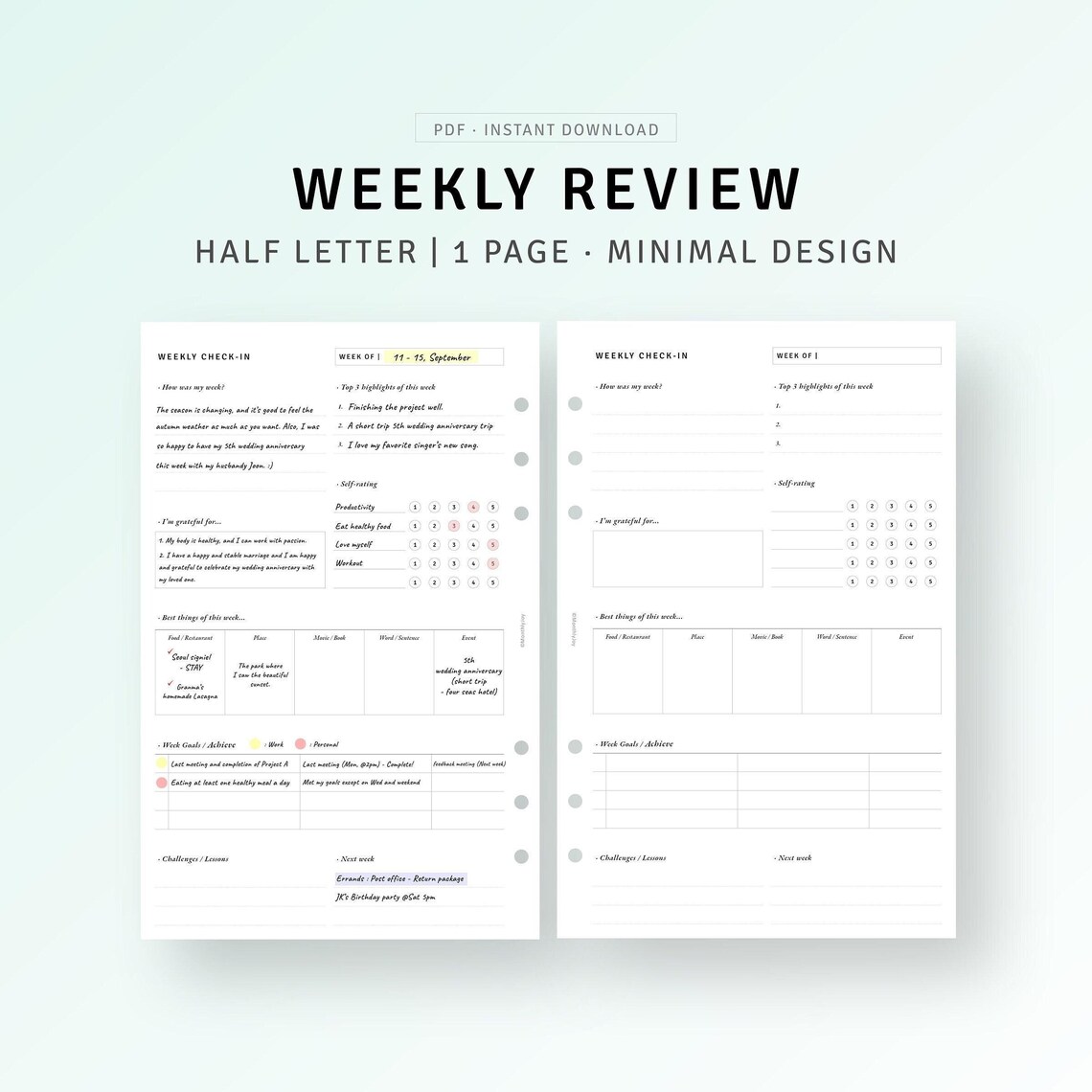 Weekly Reflection Journal Printable Half-letter Planner, Weekly Review ...