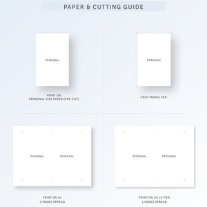 Puede incluir: Una gu&iacute;a digital de papel y corte con el texto "PAPER & CUTTING GUIDE". La gu&iacute;a muestra ejemplos de c&oacute;mo imprimir en papel de tama&ntilde;o personal, A4 y US Letter. Cada ejemplo incluye la palabra "PERSONAL".