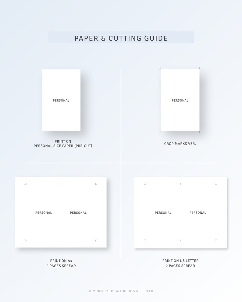 Puede incluir: Una gu&iacute;a digital de papel y corte con el texto "PAPER & CUTTING GUIDE". La gu&iacute;a muestra ejemplos de c&oacute;mo imprimir en papel de tama&ntilde;o personal, A4 y US Letter. Cada ejemplo incluye la palabra "PERSONAL".