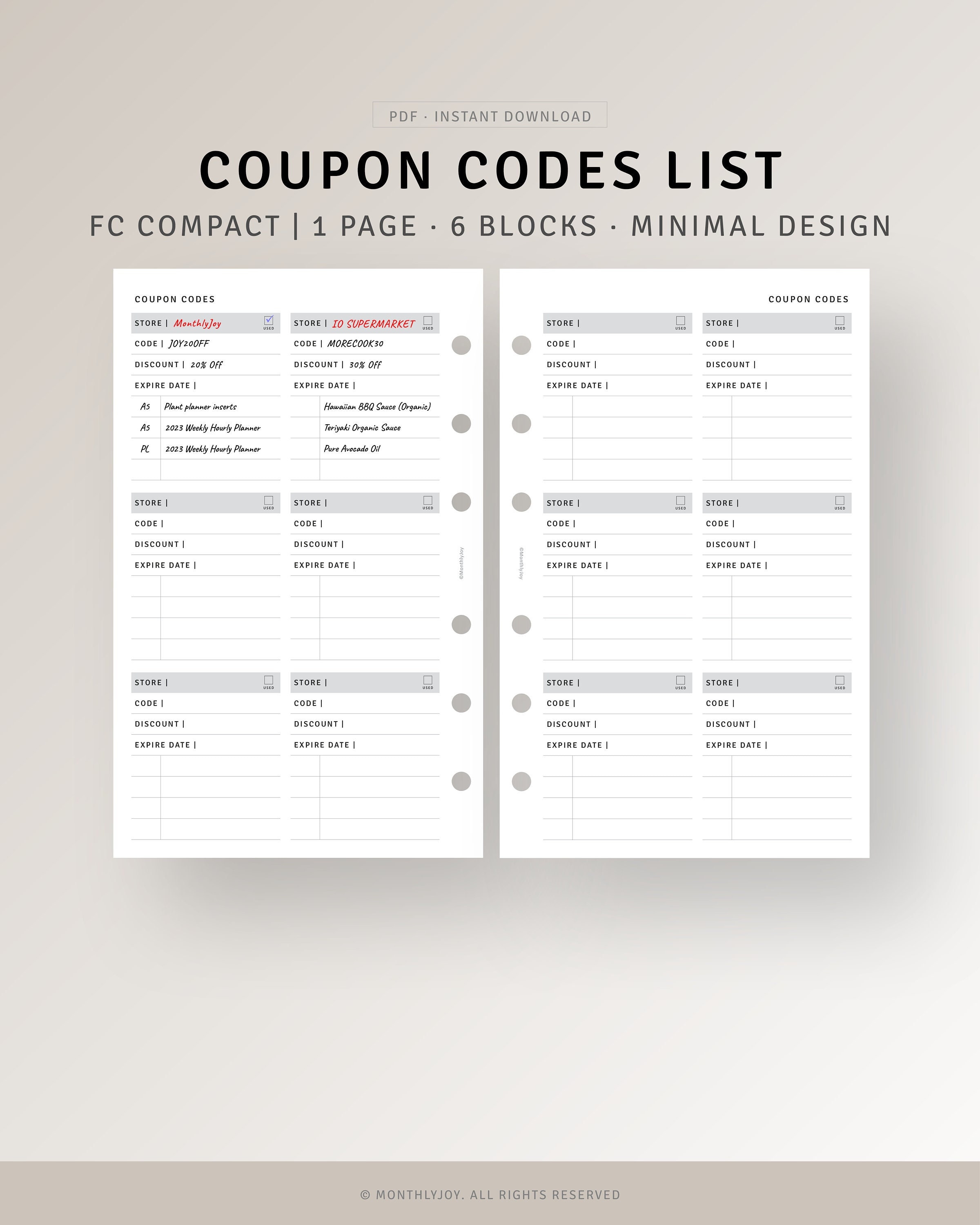 Discount Codes Tracker Printable Coupon Code Tracker Shop Discount Savings  Printable PDF A4 A5 Letter Half Letter (Download Now) 