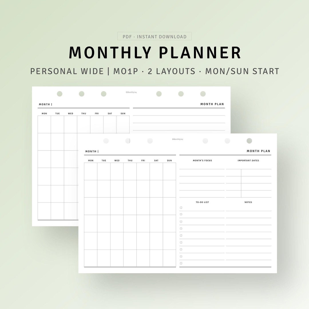 Monthly Planner Pages Printable Personal Wide Inserts, Month on 1 Page ...