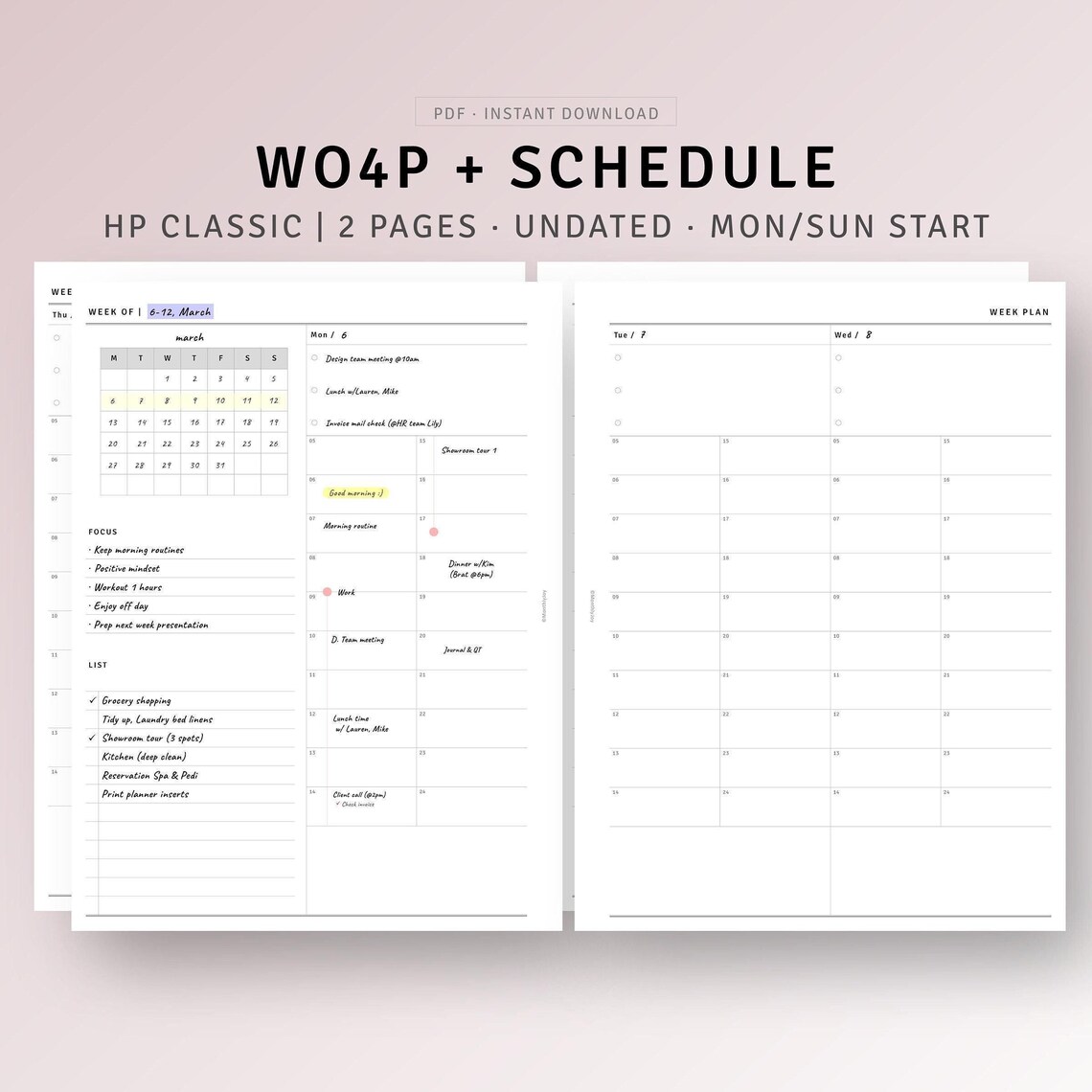 Week on 4 Pages Printable HP Classic Size Inserts, Weekly Schedule ...