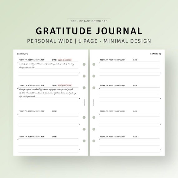 Gratitude Journal Inserts Printable Affirmation Mindfulness Journal Template, Simple Gratitude Log Planner, Personal Wide, Digital Download