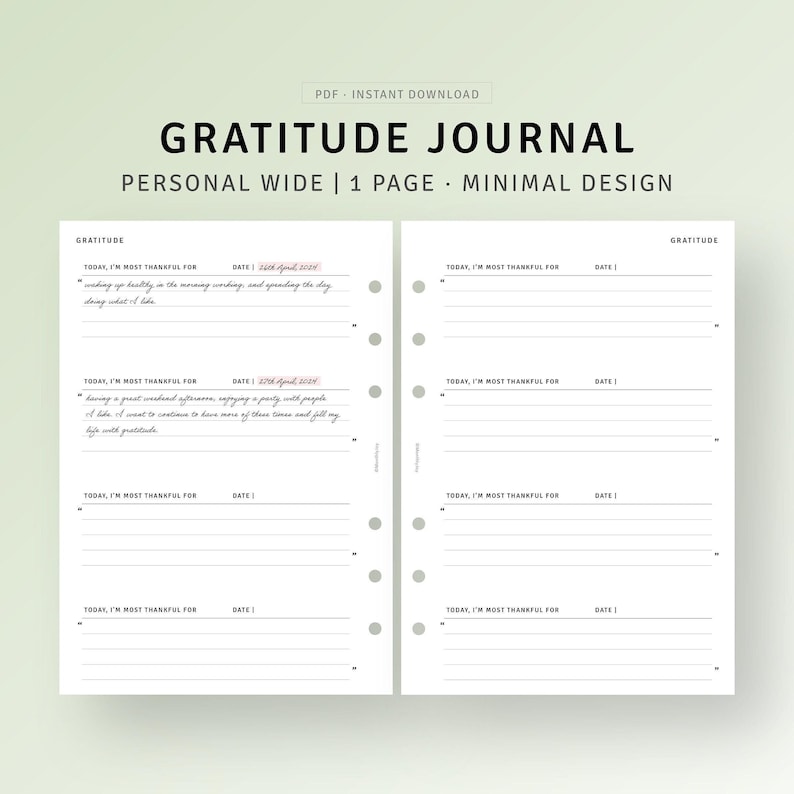 Gratitude Journal Inserts Printable Affirmation Mindfulness Journal Template, Simple Gratitude Log Planner, Personal Wide, Digital Download image 1