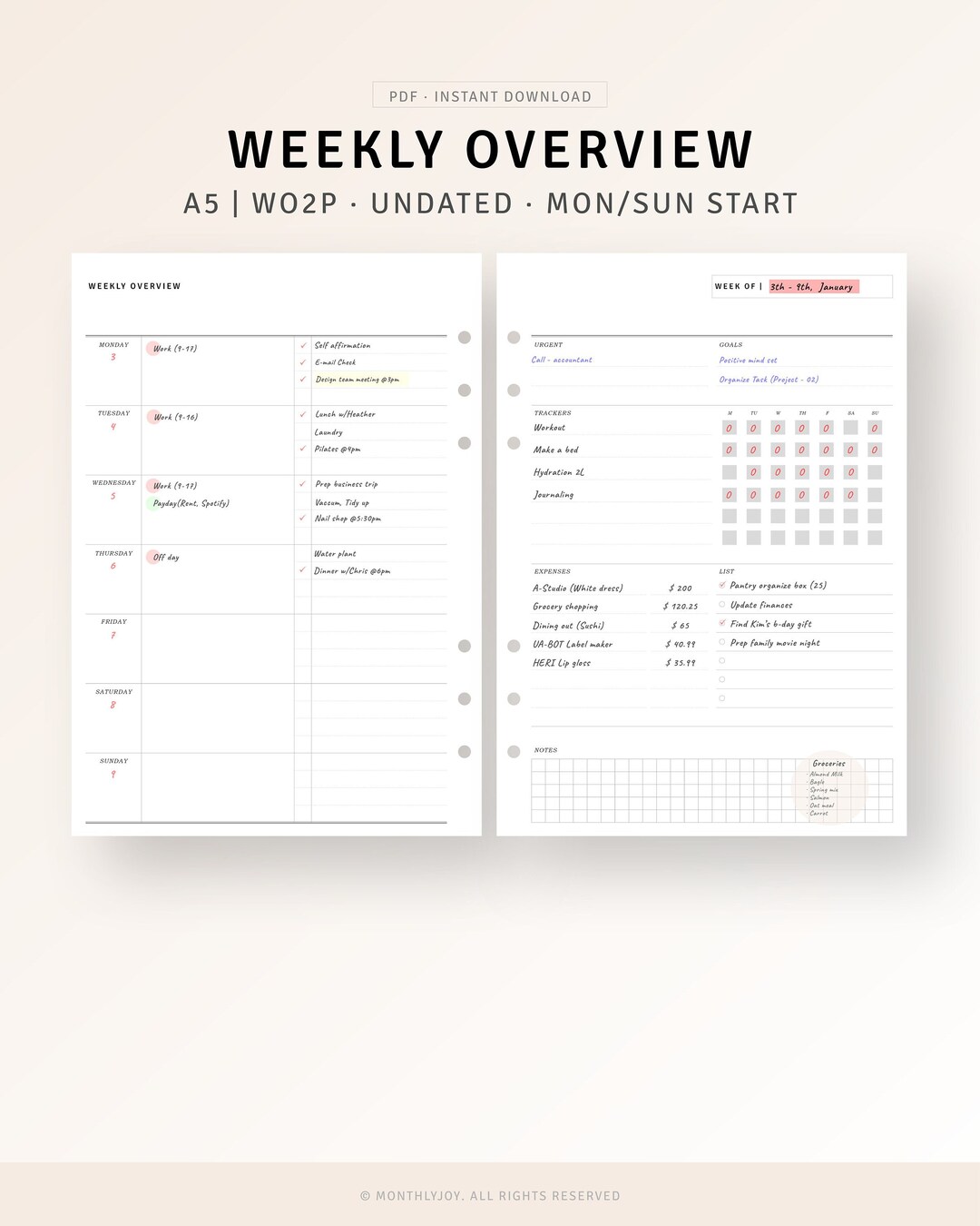 A5 Inserts Weekly Overview Planner Template Printable Undated Weekly ...