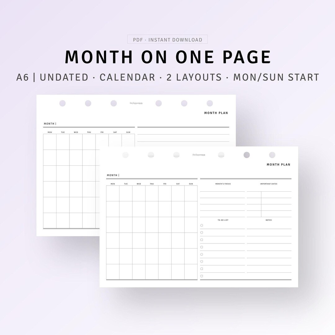 Undated Monthly Planner A6 Inserts Printable Blank Monthly Overview ...