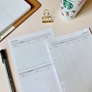 K&ouml;nnte beinhalten: Zwei wei&szlig;e Seiten mit dem Wort "INVENTORY" oben. Jede Seite hat Spalten f&uuml;r Datum, Kategorie, Artikel, Menge und Notizen. Die Seiten sind f&uuml;r die Inventur gedacht.