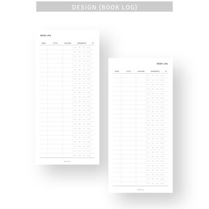 May include: Two minimalist white book log templates. The top of the image reads "DESIGN (BOOK LOG)". Each template has columns for date, title, author, and progress. The text "BOOK LOG" is at the top of each template. The bottom of the image reads "&copy; MONTHLYJOY. ALL RIGHTS RESERVED".