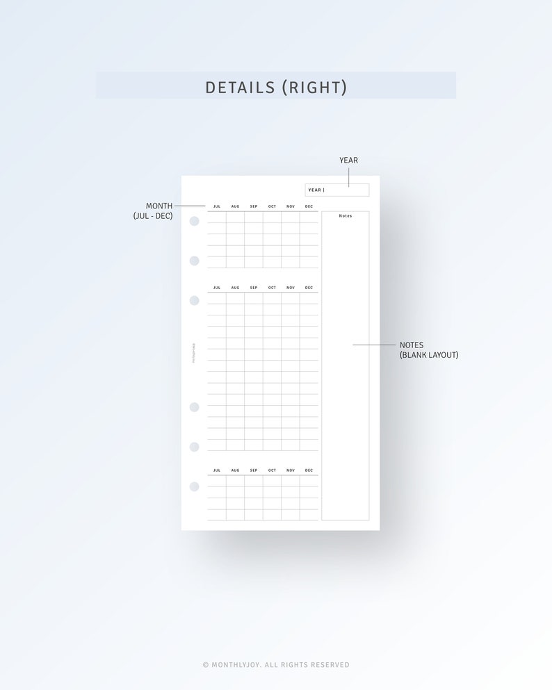 May include: A black and white printable planner page with a monthly calendar layout for July through December. The page also includes a section for notes with a blank layout.