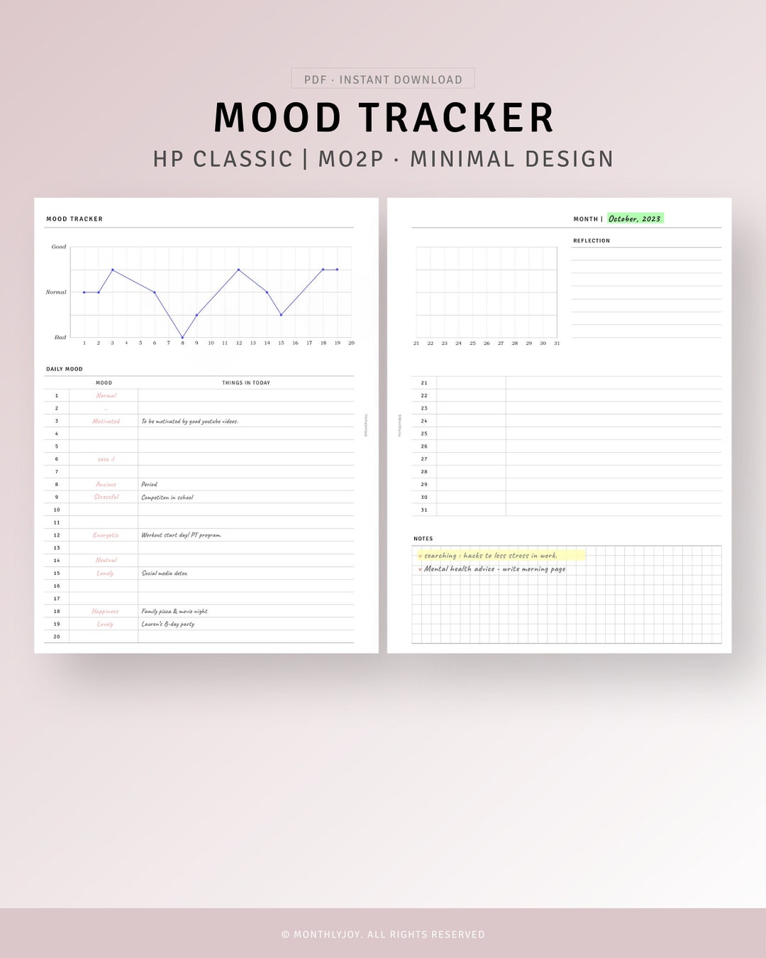 Daily Mood Tracker Printable HP Classic Size Inserts, Mindfulness ...