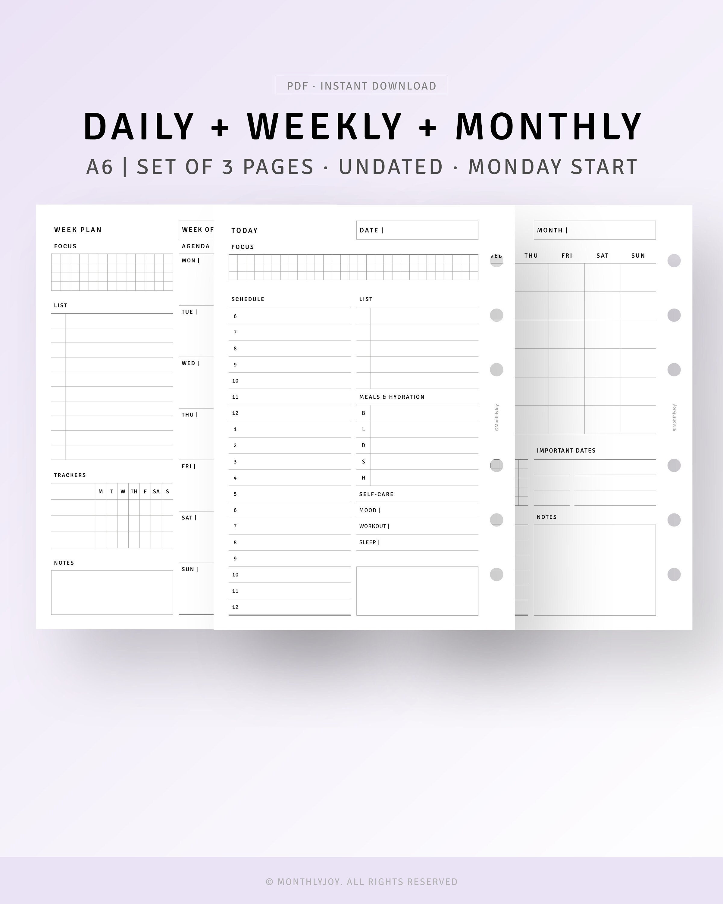A6 Daily Insert, Printable Daily Planner Pages, A6 Planner Inserts, Undated  Daily Pages, Moterm A6 Refill, Daily Agenda PDF 