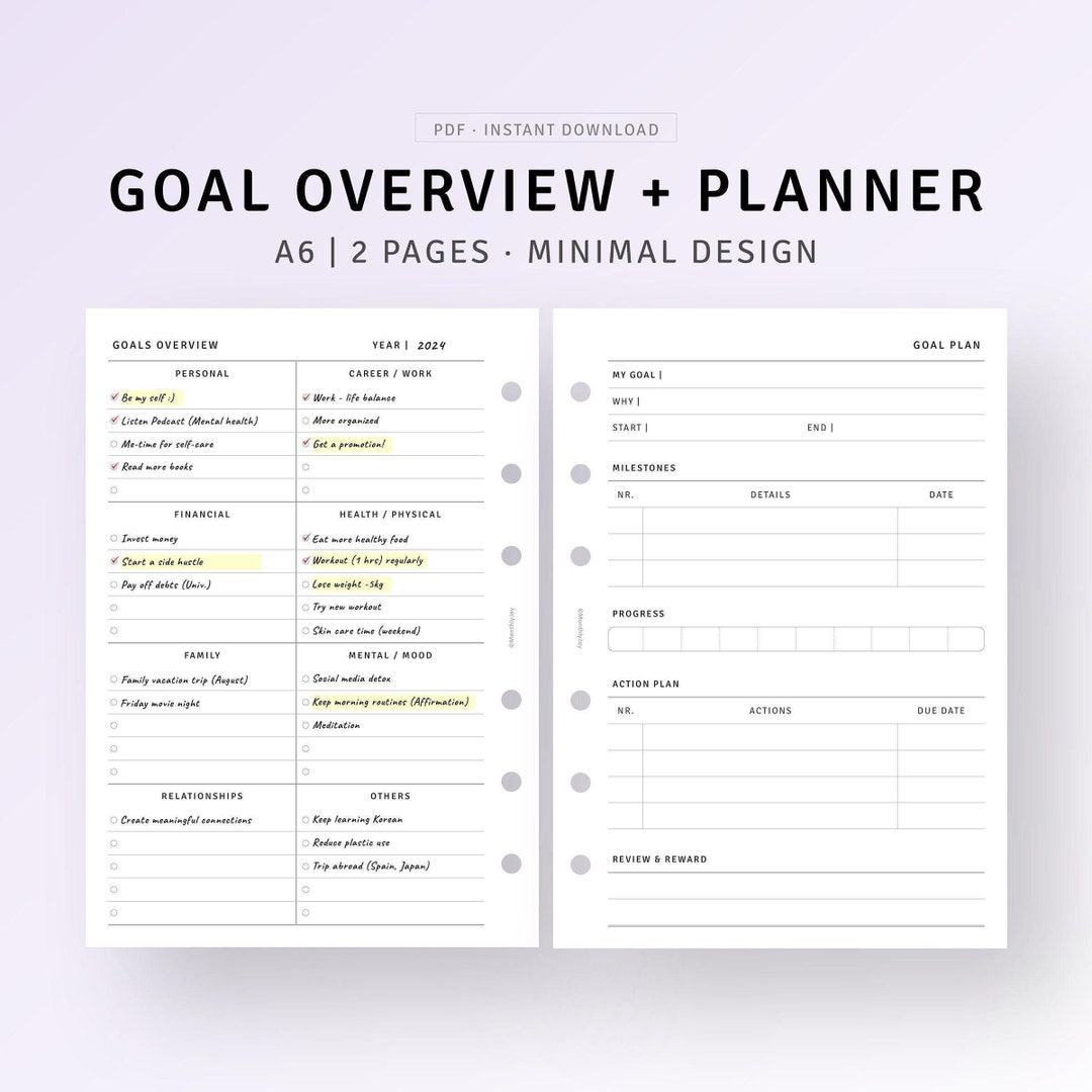 Goal Planner Printable A6 Ring Inserts, Life Goal Setting Template ...