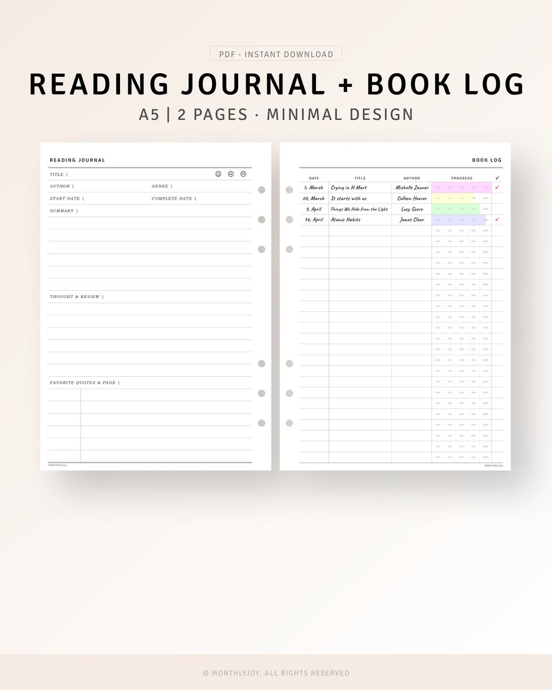 A5 Inserts Reading Journal Printable, Book Log, Reading Log, Book ...