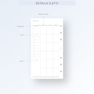 May include: A black and white monthly planner with sections for priorities, to-do, and notes. The planner has a grid layout with columns for each day of the week and rows for each hour of the day. The planner is designed for use with a disc-bound system.
