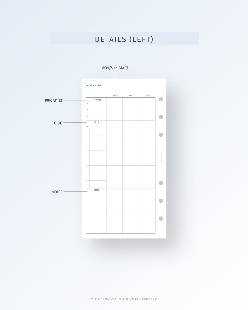 May include: A black and white monthly planner with sections for priorities, to-do, and notes. The planner has a grid layout with columns for each day of the week and rows for each hour of the day. The planner is designed for use with a disc-bound system.