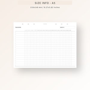 May include: A black and white printable A5 tracker sheet with the text "TRACKERS" and "MONTH" at the top. The sheet is divided into a grid with 31 columns and 15 rows. The sheet is designed for use as a habit tracker or a monthly planner.