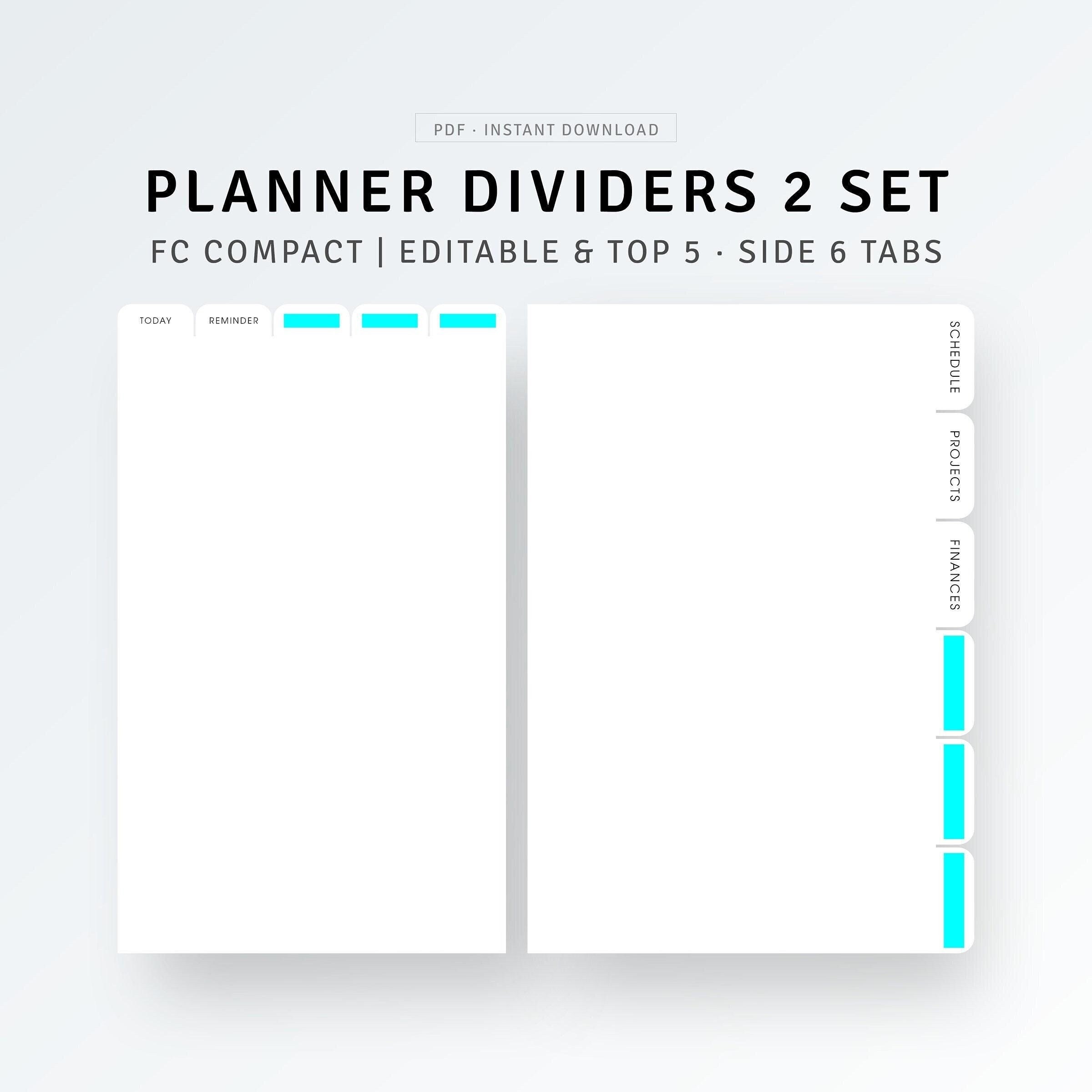 Planner Dividers Printable FC Compact Inserts, Editable Binder Side Tabs Template, Page Finder, Planner Dashboard DIY Index Label