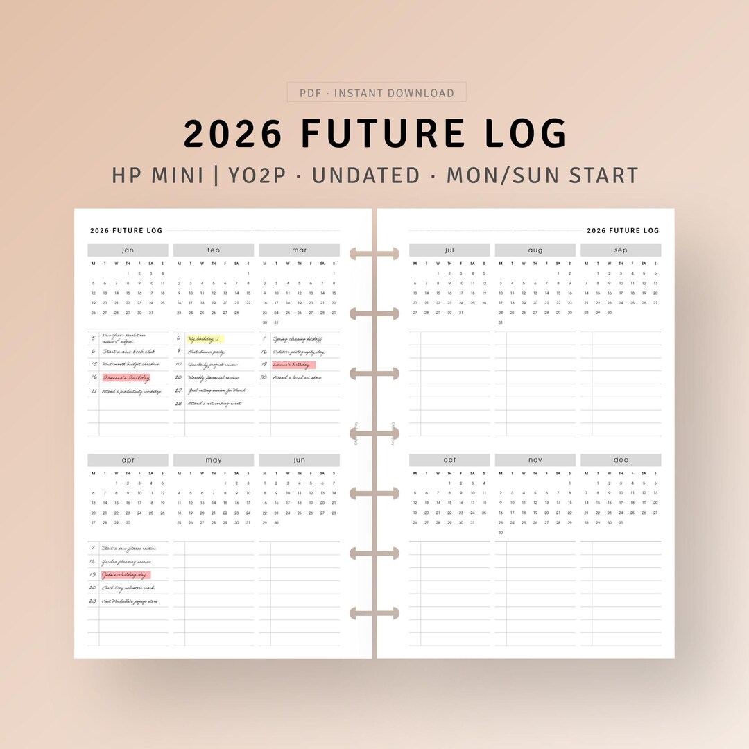 2026 Future Log Printable HP Mini Size Inserts, Monthly Overview ...