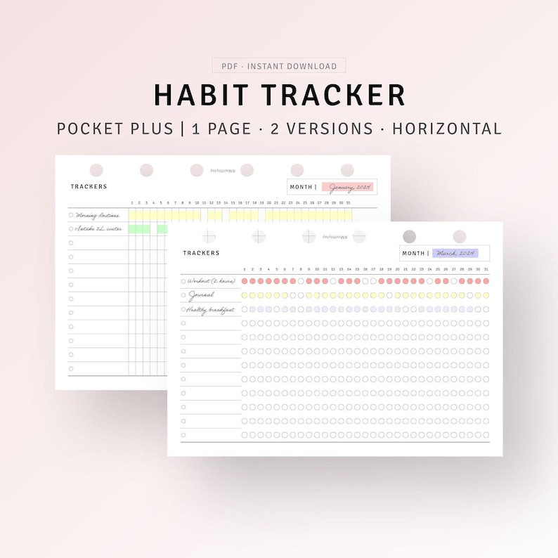 May include: A printable habit tracker with two different layouts. The first layout is a horizontal bar chart with a calendar for January 2024. The second layout is a grid of circles with a calendar for March 2024. Both layouts have space for tracking habits like "Morning routine", "Drink water", "Workout", "Journal", and "Healthy breakfast".