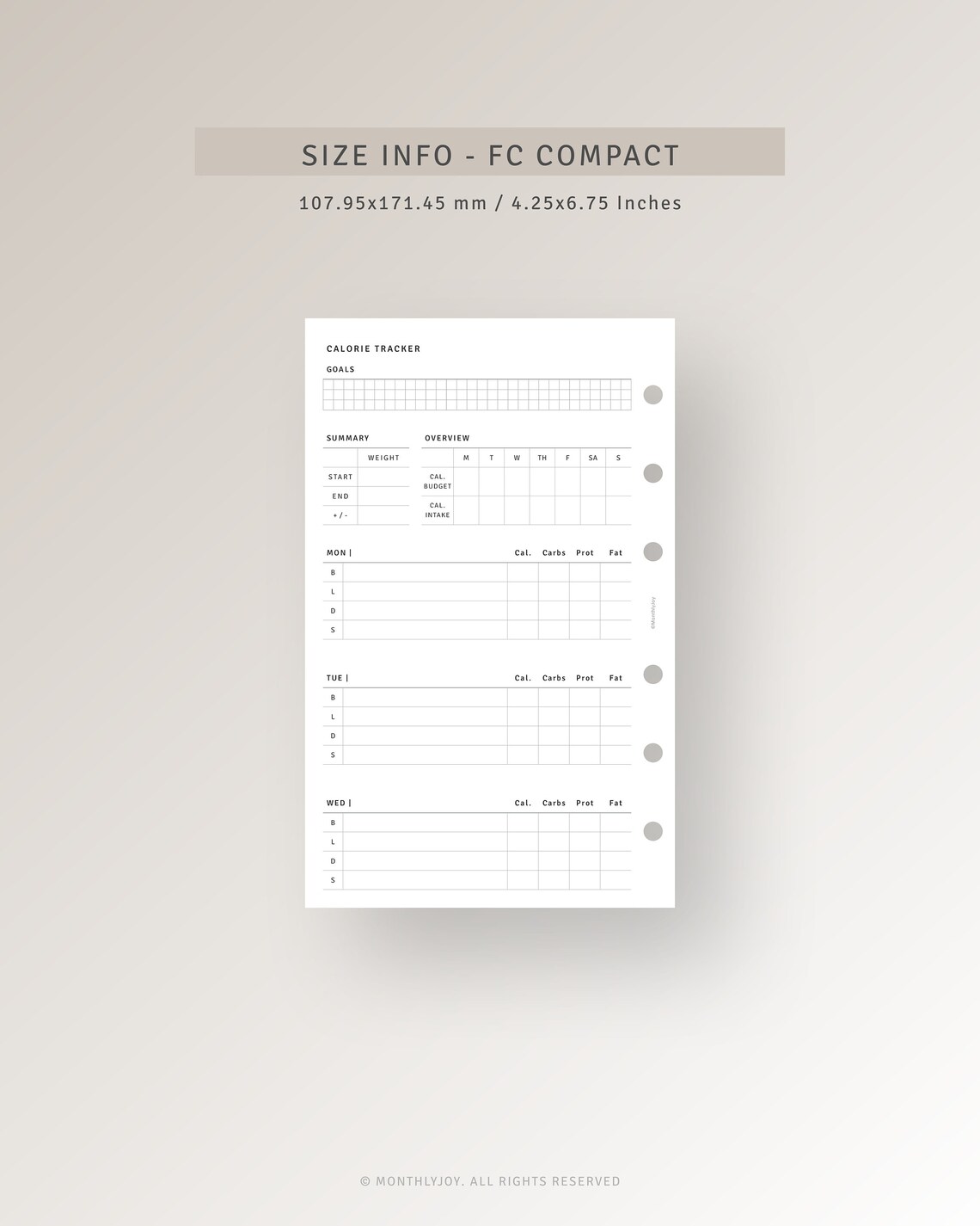 Calorie Tracker FC Compact Inserts Printable Weight Loss Tracker, Diet ...