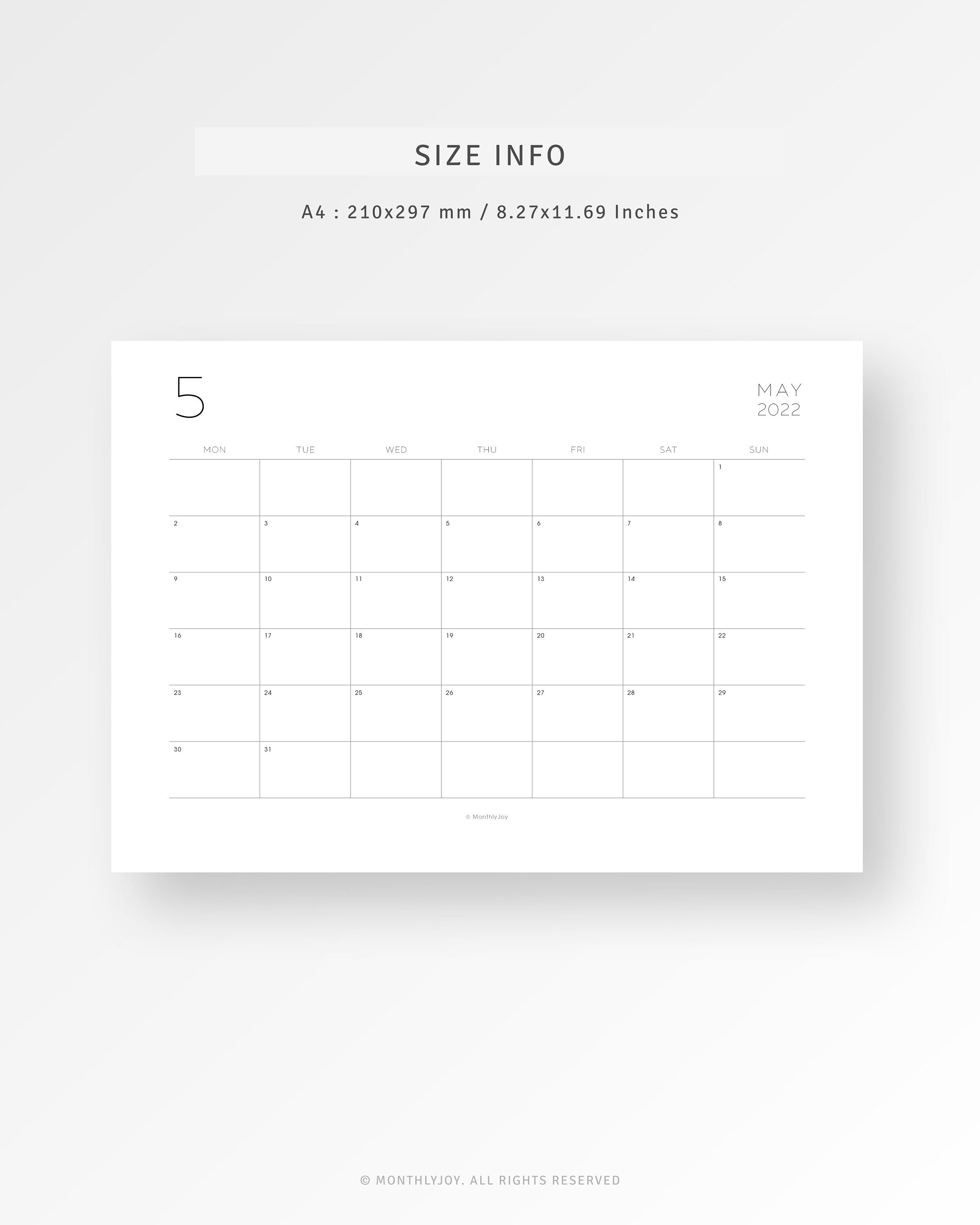 2022 Kalender druckbare Vorlage A4 Monatskalender 2022 Etsy