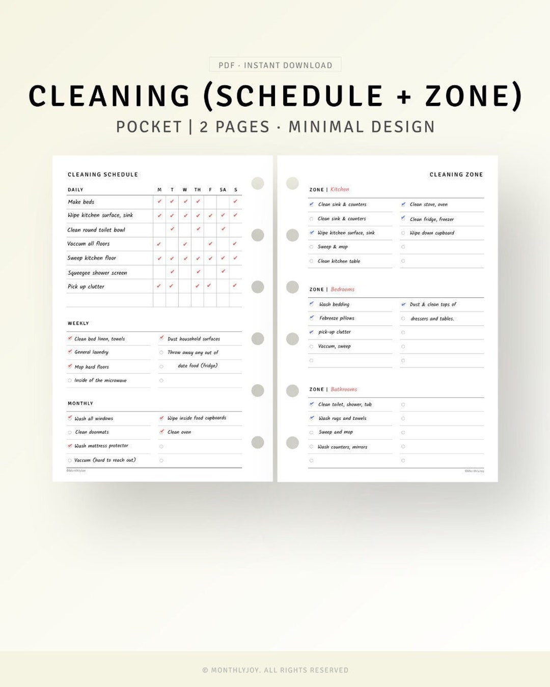 Cleaning Schedule Printable Pocket Size Inserts, Cleaning Zone Template ...