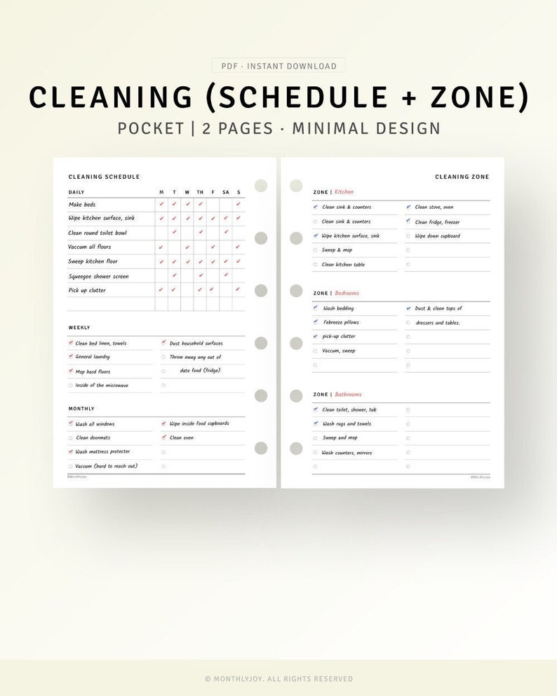 Cleaning Schedule Printable Pocket Size Inserts, Cleaning Zone Template ...