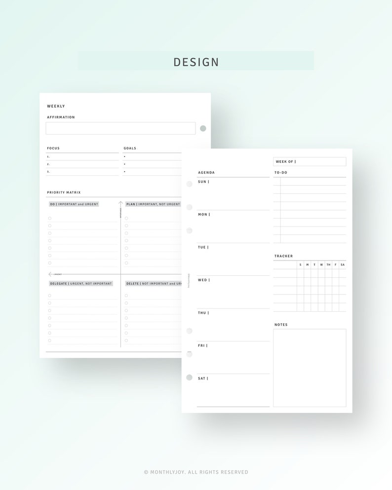Pode incluir: Uma p&aacute;gina de planejador imprim&iacute;vel em preto e branco com se&ccedil;&otilde;es para afirma&ccedil;&otilde;es semanais, foco, objetivos, uma matriz de prioridade, agenda, lista de tarefas, rastreador e notas.