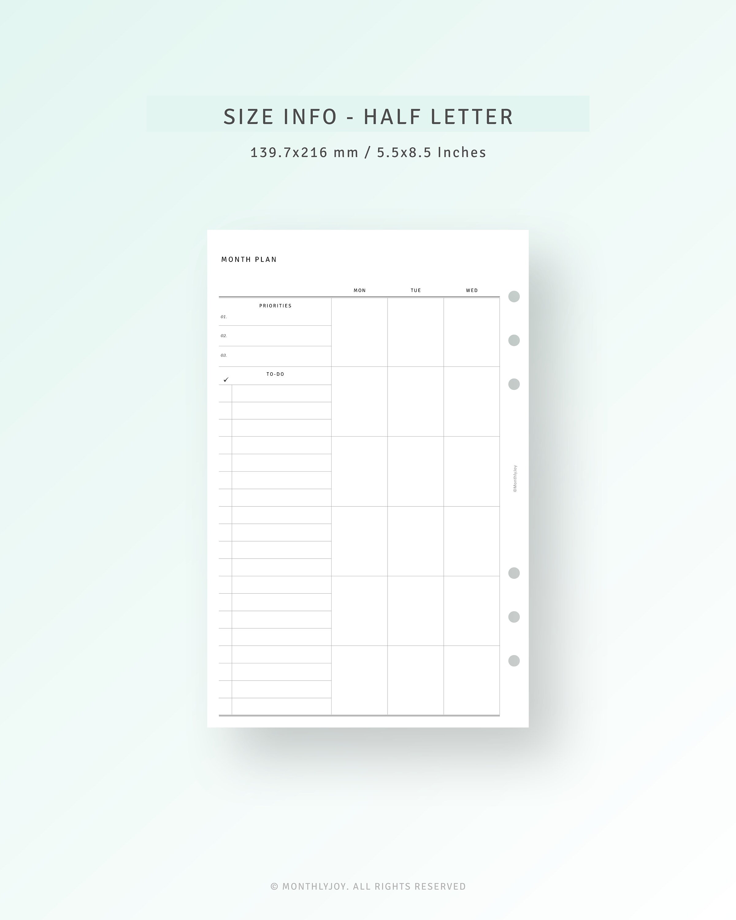 Undated Monthly Planner Printable to Do List, Half Size Inserts, Month ...