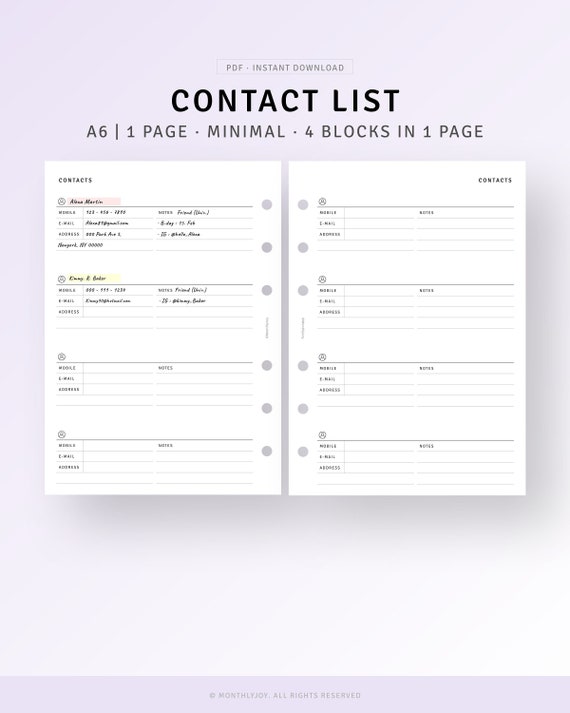 A6 Inserts Contacts List Template Printable Emergency - Etsy