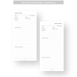 May include: Two white reading journals with lined pages and the text "READING JOURNAL" at the top. The journals have sections for title, author, genre, start date, and summary. The top banner reads "DESIGN (READING JOURNAL)".