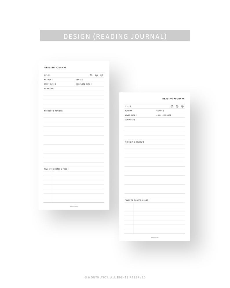 May include: Two white reading journals with lined pages and the text "READING JOURNAL" at the top. The journals have sections for title, author, genre, start date, and summary. The top banner reads "DESIGN (READING JOURNAL)".