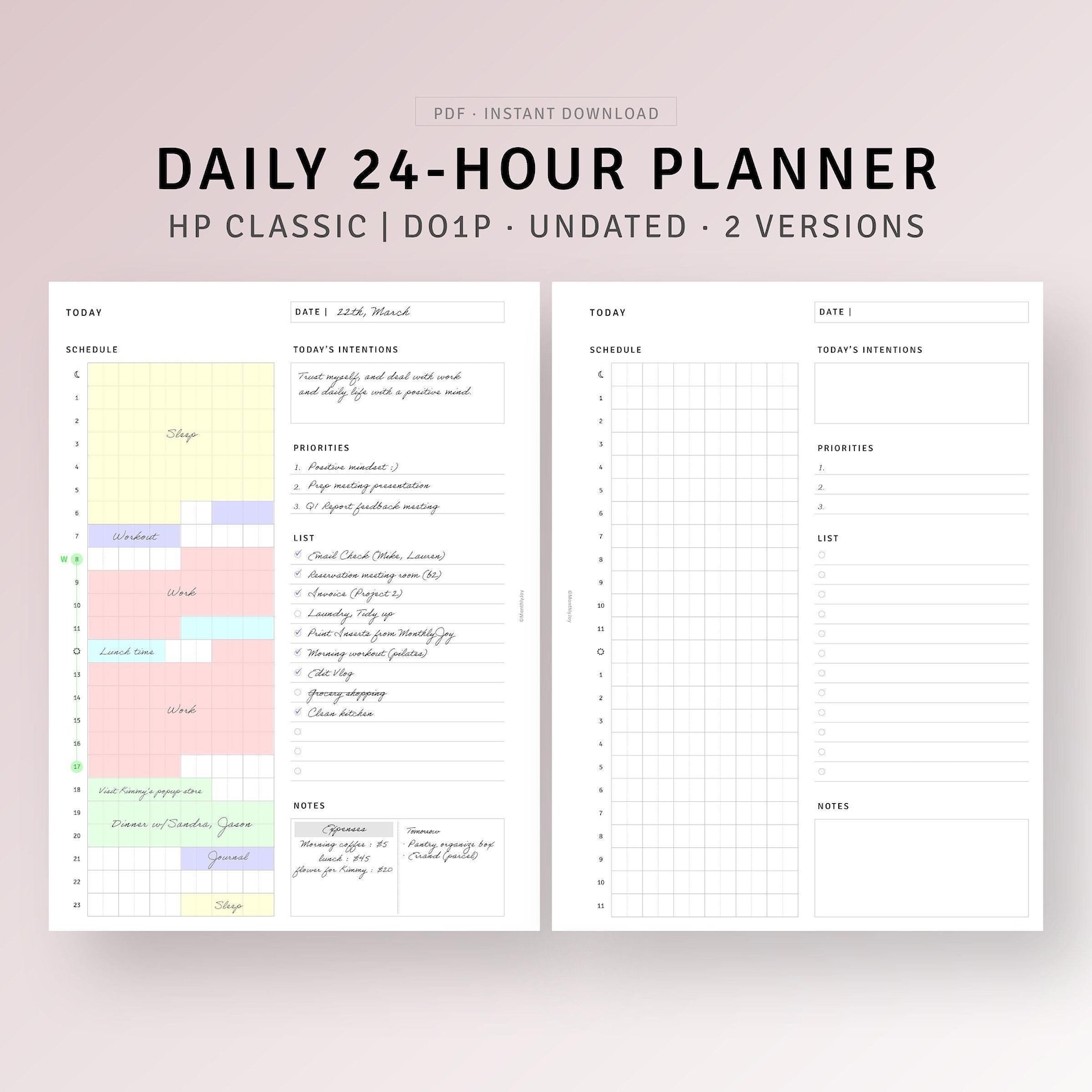 24-hour Planner HP Classic Inserts Printable Time Blocking Template ...
