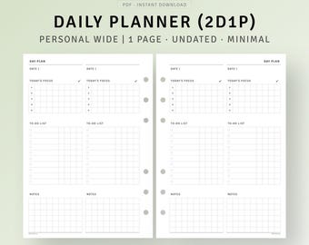 Planificador diario minimalista imprimible de 2 días en 1 página, organizador de horarios, lista de tareas diarias, resumen de hoy, tamaño grande personal, descarga instantánea
