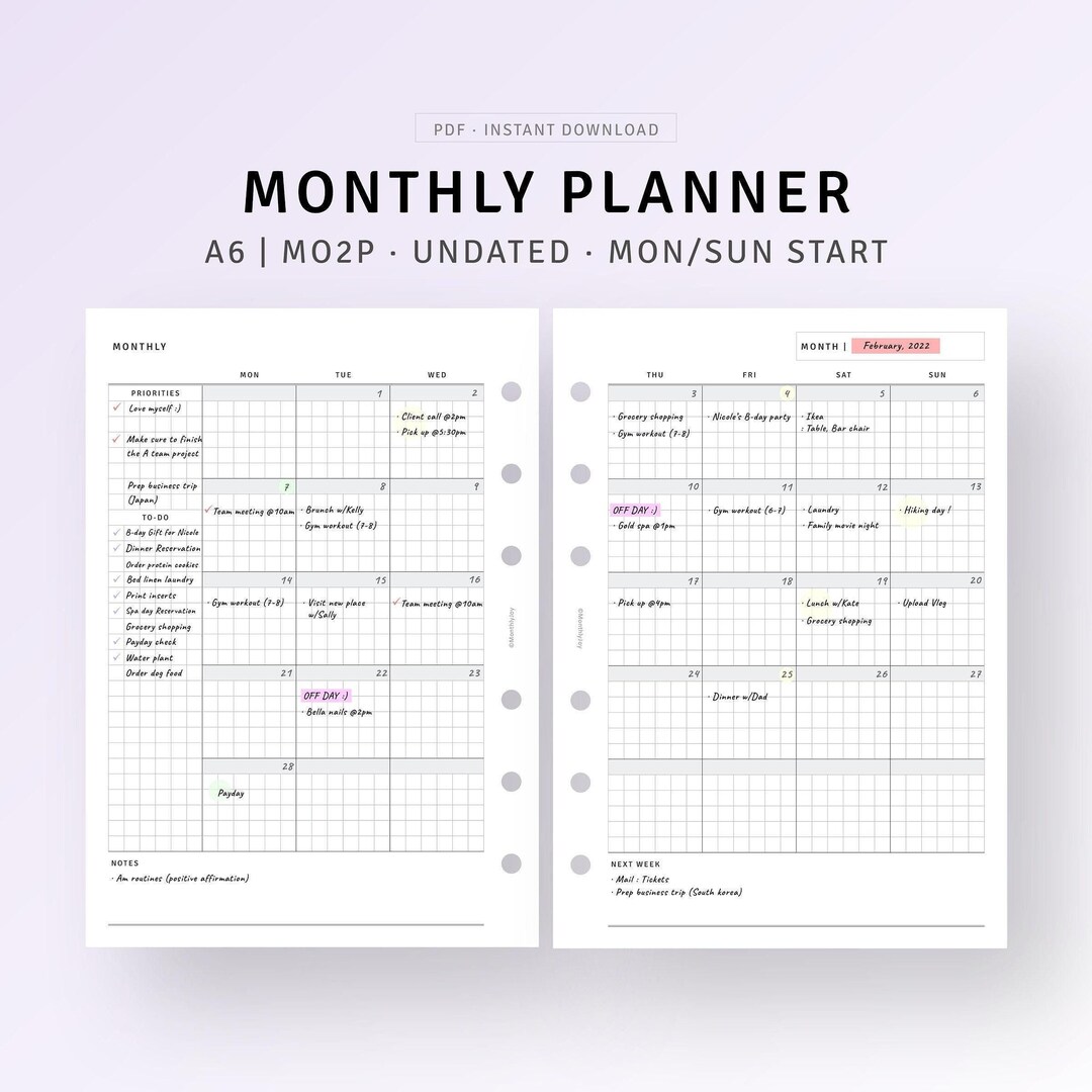 Undated Monthly Planner With Calendar A6 Inserts Printable Month on 2 ...