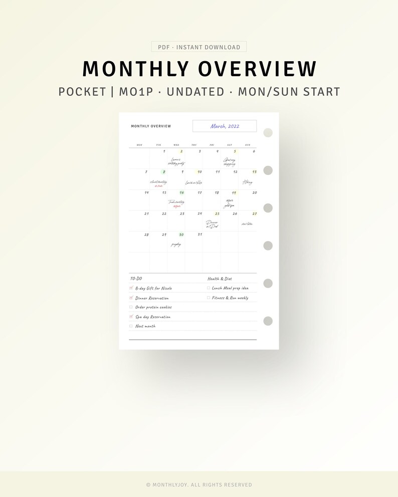 Printable Monthly Overview Pocket Size Inserts Month on One Etsy