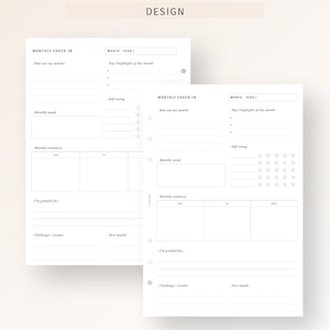 May include: A printable monthly check-in planner with sections for reflecting on the month, setting goals, and tracking progress. The planner includes prompts for self-care, monthly mood, monthly summary, and gratitude.